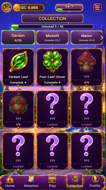 Fox Manor Spin collection album — 5 of 55 charms unlocked across Garden, Moonlit and Manor sets